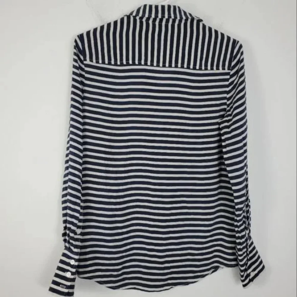 J. Crew Silk Button Up Womens Size XS Blue & White Stripe Nautical Beachy Preppy - Picture 3 of 4